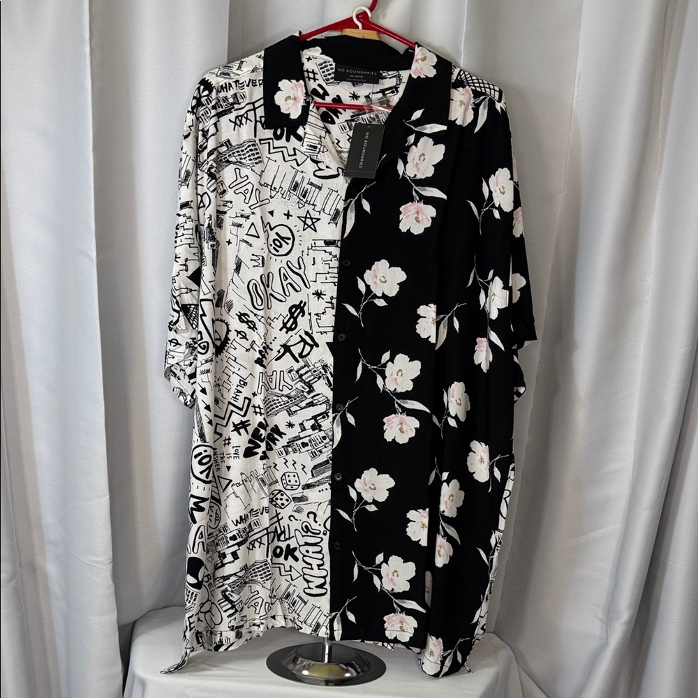 No Boundaries Black and White Abstract Floral Shirt